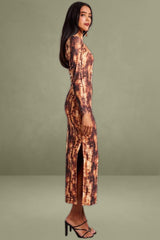 Brown Abstract Bodycon Dress Long Sleeve Square Neck Mesh