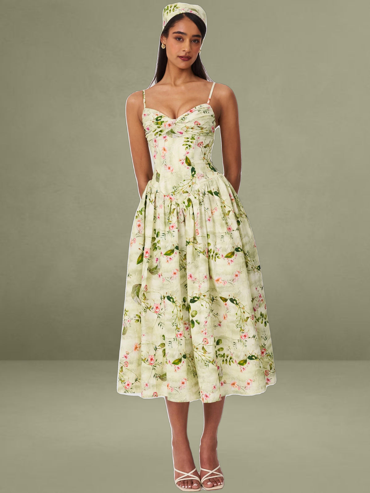 Jacinda Green Floral Print Ruched Breast Linen Midi Dress