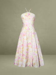 Zaina Yellow Pink Floral Print Lace Trim Linen Midi Dress