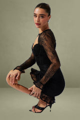 Long Sleeve Ruffle Cuff Corset Black Lace Dress