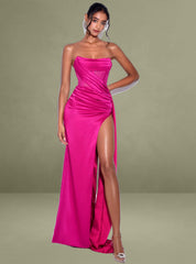 Holly Fuchsia Crystallized Corset High Slit Satin Gown