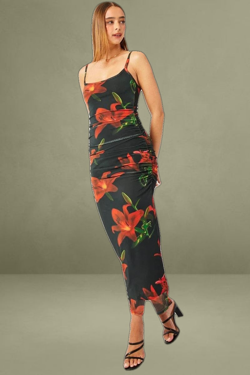 Black Floral Bodycon Dress Singlet Mesh