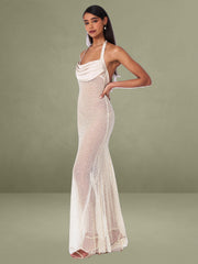 Zahya Lime Halter Backless Beaded Mesh Gown