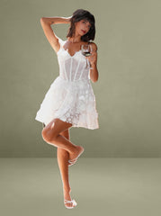 Pamila White Floral Mesh Puffy Mini Dress
