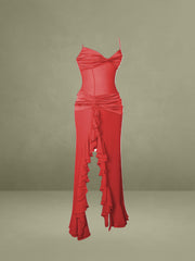 Dahlina Red Ruched Waist High Slit Maxi Dress