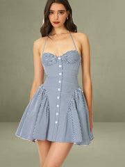 Melody Navy Blue Railroad Stripe Halter Drop Waist Mini Dress