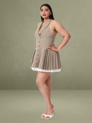 Hazel Brown Preppy Halter Neck Pleated Mini Dress