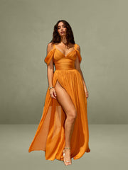 Layered Mesh High Slit Drape Maxi Dress