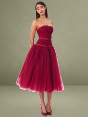 Mabel Burgundy Drop Waist Layered Mesh Midi Puffy Dress with Bow