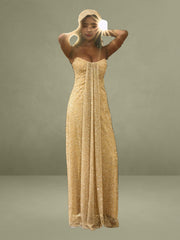 Ada Gold Rhinestone Embellished Strapless Gown with Head Scarf