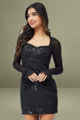 Black Sequin Dress Embellished Floral Mesh Bell Sleeve