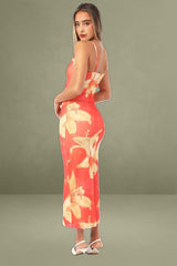 Orange Floral Maxi Mesh Bodycon Dress