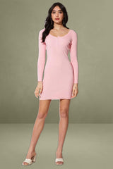 Pink Long Sleeve Knit Bodycon Dress