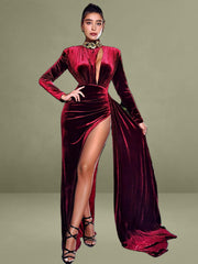 Burgundy Cutout High Slit Velvet Dress