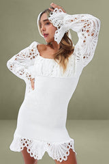 White Embroidered Sleeves Shirred Bodycon Dress