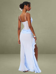 Lacy Blue Ruched Breast High Slit Chiffon Dress