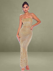 The Glint Gold Ruched Chiffon Long Maxi Dress