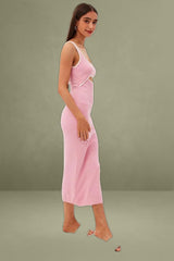 Pink Knit Dress Midi Sleeveless Contrast Binding