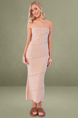 Beige Bodycon Dress Midi Strapless