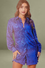 Blue Shirt Dress Long Sleeve Collar Sequins