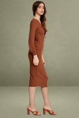 Brown Ribbed Drawstring Mid-length Dress