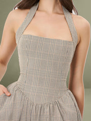 Dacia Plaid Halter Lace-up Bubble Mini Dress