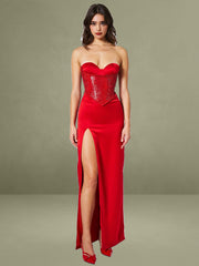 Kadesha Red Crystal High Slit Satin Corset Gown