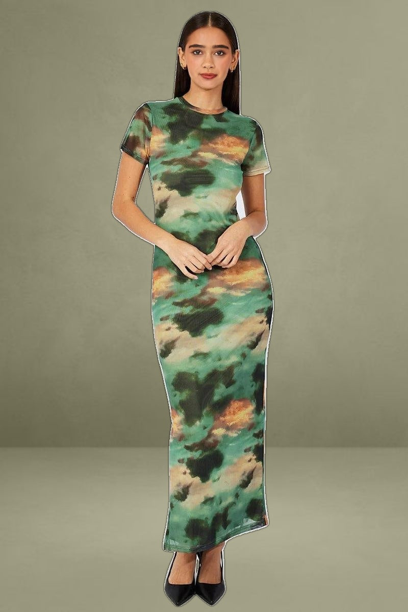 Green Abstract Maxi Short Sleeve Bodycon Mesh Dress