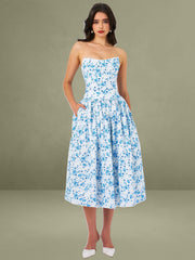 Paloma Blue Print Linen Corset Draping Top Midi Dress