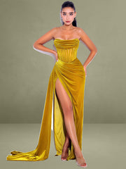 Priya Gold Draping Corset High Slit Velvet Gown