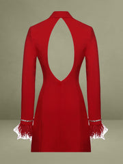 Quilla Red Feather Crystal Sleeve Backless Blazer Dress