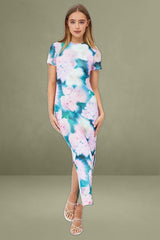 Pink Abstract Maxi Dress Short Sleeve Crew Neck Bodycon Mesh