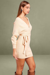 Beige Knit Bodycon Dress Wrap Neck