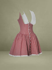 Red Gingham Eyelet Lace Trim Peter Pan Collar Mini Dress