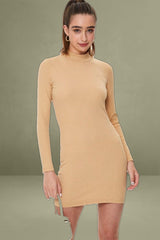 Beige Ribbed Bodycon Dress