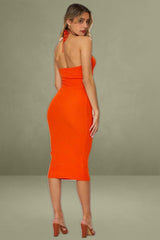 Orange Knit Dress Midi Halter Neck