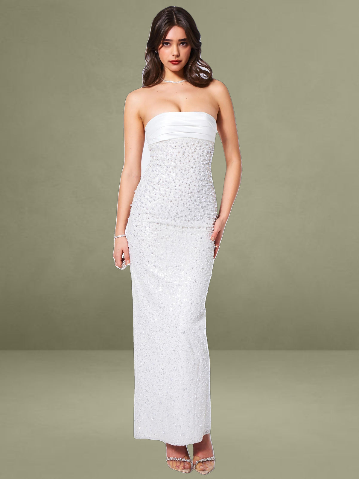 Lainey White Satin Sequin Pearls Beaded Maxi Dress