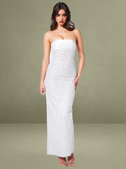 Lainey White Satin Sequin Pearls Beaded Maxi Dress
