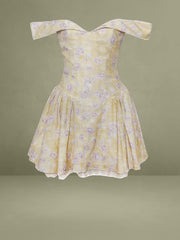 Oana Floral Print Linen Collared Off Shoulder Mini Dress