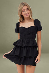 Black Corset Dress Puff Sleeve Tiered Bustier Dress