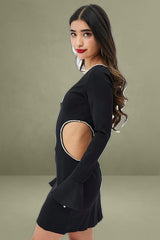 Black Flared Sleeve Cut Out Diamante Mini Dress