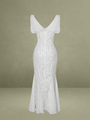 Paola White Peter Pan Collar Beaded Sequin Mermaid Midi Dress