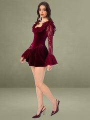 Yachira Burgundy Velvet Lace Flare Sleeve Mini Dress