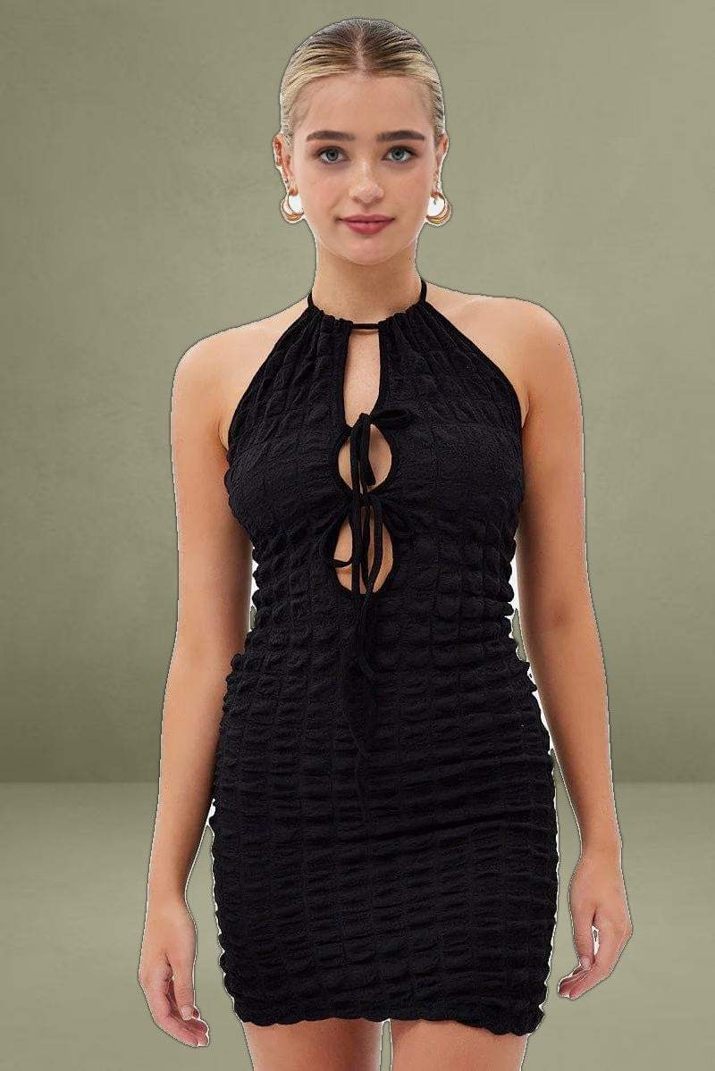 Black Textured Mini Dress Backless