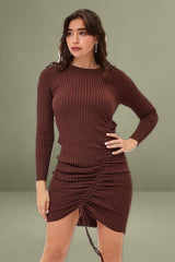 Brown Drawstring Dress Long Sleeve Mini