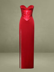 Kadesha Red Crystal High Slit Satin Corset Gown