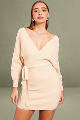 Beige Knit Bodycon Dress Wrap Neck