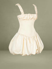 Egg White Satin Bubble Hem Mini Dress