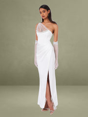 Lora White Crystal Embellished Mesh Satin Corset Gown