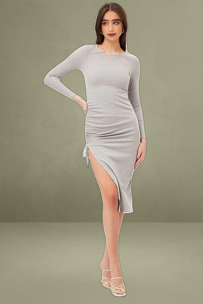 Grey Midi Dress Long Sleeve Bodycon